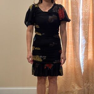 Ganni Black Dress with Leaf Patterns